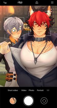 2boys absurdres animal_ear_piercing animal_ears black_choker black_hair black_jacket blush choker commentary dog_boy dog_ears drooling green_eyes grey_hair highres holi_oliver huge_pectorals jacket jewelry komano_manato large_pectorals male_focus multicolored_hair multiple_boys necklace pectoral_cleavage pectoral_focus pectorals picture_frame red_eyes red_hair saliva scar scar_on_chest scar_on_face shirt symbol-only_commentary white_shirt wise_(soaring_crane)_(zenless_zone_zero) wise_(zenless_zone_zero) zenless_zone_zero