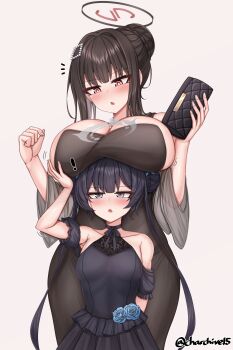 ! 2girls absurdres artist_name bare_shoulders black_dress blue_archive blush breast_rest breasts breasts_on_head ch_(charchive15) cleavage double_bun dress hair_bun hair_ornament hairclip halo highres holding holding_wallet huge_breasts kisaki_(blue_archive) kisaki_(dress)_(blue_archive) long_hair multiple_girls red_eyes rio_(blue_archive) rio_(dress)_(blue_archive) simple_background small_breasts twintails very_long_hair wallet white_background