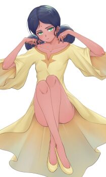 1girl akatsuki_(akatsukinotsuki) bindi blue_hair closed_mouth collarbone commentary_request dark-skinned_female dark_skin dress eyelashes facial_mark forehead_mark green_eyes gundam gundam_gquuuuuux highres lalah_sune long_dress long_hair looking_at_viewer simple_background slippers solo white_background yellow_dress