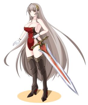 1girl absurdres armored_boots asagiri_mito azur_lane bare_shoulders bartolomeo_colleoni_(azur_lane) black_boots boots breasts brown_hair closed_mouth collarbone full_body gloves high_heel_boots high_heels highres holding holding_sword holding_weapon large_breasts light_blush long_hair looking_at_viewer simple_background smile solo standing sword very_long_hair weapon white_background white_gloves yellow_eyes