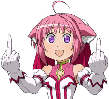 Rule 34 | 1girl, :d, ahoge, animal ear fluff, animal ears, bad source, bare shoulders, commentary request, covered collarbone, detached sleeves, dog days, dog ears, double middle finger, false smile, gloves, long sleeves, looking at viewer, lowres, maso (ascii art), middle finger, millhiore f. biscotti, open mouth, pink hair, purple eyes, short hair, simple background, smile, solo, upper body, white background, white gloves, white sleeves