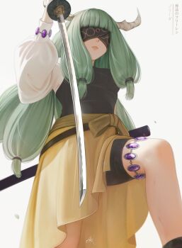 Rule 34 | 1girl, absurdres, bike shorts, bike shorts under skirt, blindfold, blunt bangs, character name, commentary, copyright name, covered eyes, facing viewer, gem, green hair, hanr10, highres, holding, holding sword, holding weapon, horns, jewelry, katana, long hair, long sleeves, low-tied long hair, puffy long sleeves, puffy sleeves, reverse grip, scabbard, sheath, signature, simple background, skirt, solo, sousou no frieren, sword, thighlet, weapon, white background, yellow skirt, solide (sousou no frieren)