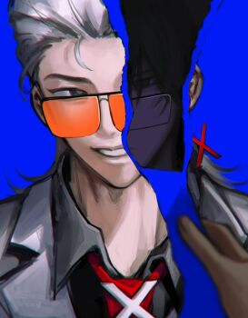 1boy 1other absurdres black_eyes black_hair collared_shirt dual_persona grin hair_slicked_back highres jacket kaitotties looking_at_viewer male_focus mullet necktie orange-tinted_eyewear pov pov_hands red_jacket red_necktie revealing_layer shirt short_hair smile tinted_eyewear to_be_hero to_be_hero_x torn_paper white_hair x_(to_be_hero_x)