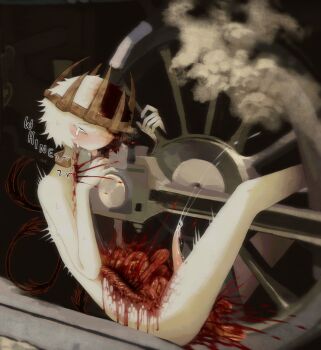 1boy bisected blood body_fur crown cum ejaculation ember_(jejejunum) guro highres imminent_death implied_suicide intestines jejejunum locomotive mechanophilia moaning monster_boy multicolored_hair organs orgasm original pain penis_tentacle roadkill split-color_hair stab steam tears tentacles train wheel