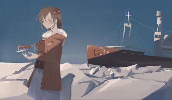 Rule 34 | 1girl, aircraft, airplane, blue sky, braid, brown hair, brown shirt, commentary request, fur-trimmed jacket, fur trim, hair over shoulder, highres, icebreaker ship, jacket, jacket on shoulders, kantai collection, long hair, object and personification, orange eyes, orange jacket, outdoors, personification, ship, shirt, single braid, skirt, sky, solo, souya (icebreaker), souya (kancolle), souya agb (kancolle), watercraft, white skirt, yukari (yuyuyukari 20)