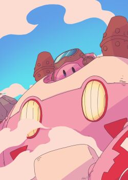 Rule 34 | arpeggioem, blue sky, blush stickers, colored skin, exhaust pipe, goggles, goggles on head, highres, kirby, kirby: planet robobot, kirby (series), looking at viewer, nintendo, no humans, pink skin, robobot armor, robot, signature, sky, smoke