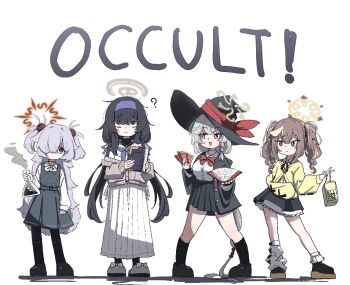 4girls ? ankle_socks asymmetrical_legwear bag balenjeong bare_legs black_bow black_coat black_dress black_eyes black_pantyhose black_ribbon black_shoes black_skirt black_socks blonde_streaks blue_archive blue_hairband blue_neckerchief blue_ribbon book bow bowtie braid breasts brown_eyes brown_hair buttons card cardigan coat collared_shirt commentary_request confused double-breasted dress english_text eri_(blue_archive) erlenmeyer_flask flask flat_chest full_body grey_cardigan grey_hair grey_halo hair_bow hair_ornament hair_over_one_eye hairband halo hat holding holding_bag holding_book holding_card holding_flask hood hood_down jewelry kanoe_(blue_archive) korean_commentary large_breasts leg_warmers legs_apart long_bangs long_hair long_sidelocks long_skirt long_sleeves looking_at_another loose_socks low_twintails mary_janes messy_hair miniskirt multicolored_hair multiple_girls neckerchief necklace off_shoulder open_clothes open_coat orange_eyes orange_halo pantyhose parted_bangs partially_shaded_face pinafore_dress pleated_skirt ponytail puffy_long_sleeves puffy_sleeves purple_eyes red_bow red_bowtie rena_(blue_archive) ribbon ring school_uniform serafuku shadow shirt shoes short_twintails side_braid sidelocks sideways_glance simple_background skirt sleeveless sleeveless_dress sleeves_past_wrists smoke socks sphere_hair_ornament standing streaked_hair tarot tarot_card turtleneck twintails ui_(blue_archive) very_long_hair white_background white_hair white_serafuku white_shirt wide_sleeves witch_hat yellow_bag yellow_cardigan yellow_halo