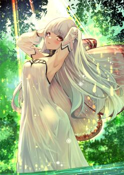 1girl absurdres arm_behind_head armpits arms_behind_head arms_up ass ass_focus bare_shoulders breasts butt_crack butterfly_wings collarbone commentary coral_(fate) dress fairy fate/grand_order fate_(series) hair_between_eyes highres insect_wings light_particles long_hair looking_at_viewer nature outdoors pink_eyes pink_wings pointy_ears presenting_armpit revision scenery shade shibakame simple_background sleeveless sleeves_past_wrists smile solo sunlight thighs tree tree_shade wading water wet white_dress white_hair wings
