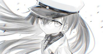 Rule 34 | 1girl, collared shirt, commentary request, greyscale, hair between eyes, hat, jacket, long hair, looking at viewer, military hat, military jacket, military uniform, minus (reverseblue), monochrome, necktie, nixta0x0, peaked cap, reverseblue x re-birthend, shirt, solo, striped clothes, striped necktie, twintails