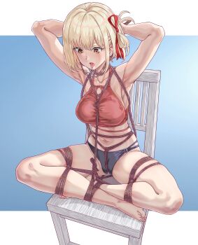 1girl absurdres applying_gag arms_behind_back arms_behind_head bare_arms bare_shoulders barefoot bdsm bikini black_bikini blonde_hair bondage bound breasts chair collarbone crop_top crossed_ankles crossed_legs crotch_rope full_body gag gagging hair_ribbon hand_up highres indian_style large_breasts leather_panties leveen looking_down lycoris_recoil medium_breasts navel nishikigi_chisato on_chair orange_eyes panties piercing red_bikini red_ribbon restrained ribbon ring_gag saliva saliva_on_breasts shibari shibari_over_clothes short_hair sitting solo spread_legs swimsuit thighs tongue tongue_out tongue_piercing tongue_piercing_gag two-tone_background underwear wooden_chair