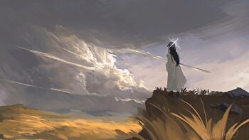 1girl absurdres black_hair black_hat blue_archive blue_halo cloud cloudy_sky coat commentary_request field from_behind halo hat highres kani_etizen03 long_hair saori_(blue_archive) scenery sky solo white_coat