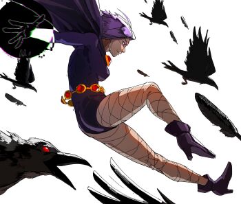 1girl ass bird breasts cape cloak colored_skin commentary crow dc_comics forehead_jewel full_body grey_skin highres leotard purple_cloak purple_eyes purple_hair raph_mavrost raven_(dc) short_hair simple_background sleeved_leotard solo superhero_costume teen_titans thighs white_background