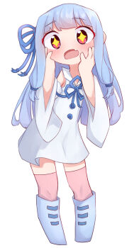 +_+ 1girl absurdres aho_whale blue_boots blue_dress blue_hair blue_sleeves blush boots chibi commentary_request detached_sleeves dress fang full_body hands_on_own_face hands_up highres kotonoha_aoi long_hair long_sleeves looking_at_viewer open_mouth pink_thighhighs red_eyes simple_background sleeveless sleeveless_dress solo standing thighhighs thighhighs_under_boots very_long_hair voiceroid white_background wide_sleeves