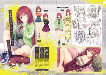 1girl :d ;) ;q ^_^ absurdres anger_vein arms_under_breasts arrow_(symbol) black_sandals black_shirt blue_shoes blunt_bangs blush bow bowtie braid breasts casual chair character_name chibi chibi_inset cleavage cleavage_cutout clenched_hands closed_eyes closed_mouth clothing_cutout collared_shirt copyright_name cross-laced_shoes crossed_arms denim denim_shorts doodle_inset dutch_angle embarrassed eyelashes floral_print floral_print_kimono flower full_body futamihara_ririko green_jacket grey_background grey_skirt grey_sports_bra grin hair_flower hair_ornament hairclip hand_on_own_chin hand_on_own_hip hand_up happy highres indian_style indoors jacket japanese_clothes kimono kneehighs knees_apart_feet_together knees_up komowata_haruka large_breasts limelight_lemonade_jam long_sleeves looking_at_viewer medium_hair medium_skirt multiple_expressions multiple_views muririn non-web_source nose_blush official_art on_bed on_chair one_eye_closed open_clothes open_jacket open_mouth parallel_hairclips pink_flower polka_dot polka_dot_shirt print_kimono promotional_art purple_skirt red_bow red_bowtie red_hair red_jacket sandals school_uniform sharp_teeth shirt shoes shorts side_braid sidelocks simple_background single_braid sitting skirt sleeves_past_wrists smile smug sneakers socks speech_bubble split_mouth sports_bra standing straight_hair teeth tehepero thighs tongue tongue_out track_jacket translation_request trembling upper_teeth_only v-shaped_eyebrows v_arms wavy_mouth white_shirt white_socks yellow_eyes yellow_kimono yukata