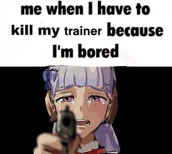 1girl breaking_bad crying crying_with_eyes_open english_text gold_ship_(umamusume) grey_hair gun hashtag-only_commentary highres holding holding_gun holding_weapon jokezm meme open_mouth pointing pointing_at_viewer purple_eyes scene_reference solo tears teeth umamusume weapon