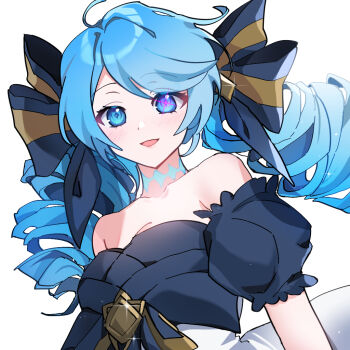 Rule 34 | 1girl, ahoge, bare shoulders, blue bow, blue eyes, blue hair, blush, bow, breasts, collarbone, commentary request, detached sleeves, diamond-shaped pupils, diamond (shape), dot nose, dress, drill hair, gwen (league of legends), hair bow, korean commentary, large breasts, league of legends, long hair, looking at viewer, open mouth, pelicana, puffy short sleeves, puffy sleeves, short sleeves, sidelocks, simple background, smile, solo, strapless, strapless dress, striped bow, swept bangs, symbol-shaped pupils, twin drills, twintails, upper body, white background