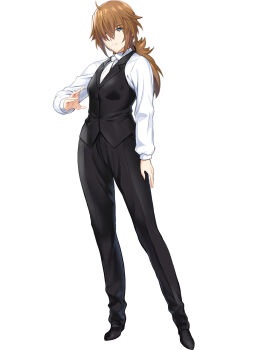 1girl black_pants black_shoes black_vest blue_eyes breasts brown_hair choukou_(alicesoft) choukou_taisen_escalation_heroines formal_clothes full_body highres kazakura_amane looking_at_viewer medium_breasts necktie official_art onigirikun open_hand pants shoes solo tachi-e vest white_necktie