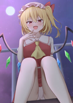 1girl :d absurdres ascot blonde_hair blush bow commentary_request crystal crystal_wings fang feet_out_of_frame flandre_scarlet frilled_shirt_collar frills from_below full_moon furrowed_brow hair_between_eyes hair_bow hand_up hat highres knees_up looking_at_viewer medium_hair mob_cap moon night one_side_up open_mouth outdoors outstretched_hand paid_reward_available panties pov puffy_short_sleeves puffy_sleeves red_bow red_eyes red_skirt red_vest shirt short_sleeves sitting skirt slit_pupils smile solo szl touhou tsurime underwear vest white_hat white_panties white_shirt wings yellow_ascot