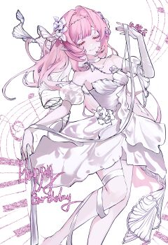 1girl absurdres alternate_costume breasts chinese_commentary closed_eyes commentary dress elf elysia_(honkai_impact) fingerless_gloves flower gloves hair_flower hair_intakes hair_ornament happy_birthday highres honkai_(series) honkai_impact_3rd hu_ming_(mingwobujiegao) long_hair medium_breasts musical_note pink_hair pointy_ears simple_background smile solo thighhighs very_long_hair white_background white_dress white_gloves white_thighhighs