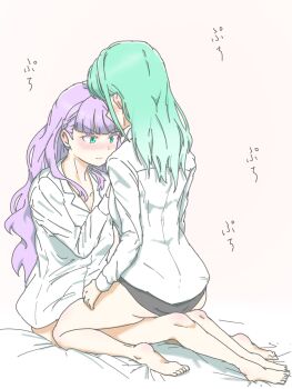 2girls aqua_eyes aqua_hair barefoot black_panties blunt_bangs blush center-flap_bangs collared_shirt commentary highres long_hair long_sleeves love_live! love_live!_superstar!! multiple_girls necosaghi nose_blush on_bed onitsuka_tomari panties purple_hair shirt sitting sitting_on_lap sitting_on_person underwear undressing_another v-shaped_eyebrows very_long_hair wavy_hair white_shirt wien_margarete yuri