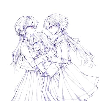 3girls blazer ceras_yanagida_lilienfeld clenched_teeth commentary cowboy_shot dress dual_persona edel_note flying_sweatdrops girl_sandwich glaring hair_ornament hasu_no_sora_school_uniform highres jacket jellyfish_cut katsuragi_izumi link!_like!_love_live! long_hair love_live! medium_dress mizukawa_school_uniform multiple_girls neckerchief open_clothes open_jacket pleated_dress pleated_skirt sailor_collar sandwiched school_uniform signature simple_background skirt sweatdrop symbol-only_commentary teeth time_paradox triangle_hair_ornament virtual_youtuber white_background winter_uniform yrxy_settingsun