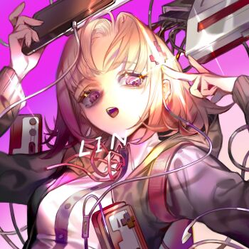 1girl backpack bag black_jacket chinese_commentary collared_shirt commentary_request danganronpa_(series) danganronpa_2:_goodbye_despair earphones eyelashes game_console gradient_background hair_ornament highres holding holding_tablet_pc hood hood_down hooded_jacket jacket lin09 long_sleeves medium_hair nanami_chiaki neck_ribbon open_clothes open_jacket open_mouth parted_bangs pink_eyes pink_hair purple_background red_bag red_ribbon ribbon shirt solo tablet_pc upper_body v white_shirt