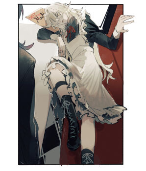 alternate_costume apron blue_hair boots couch dress hair_over_one_eye highres honkai:_star_rail honkai_(series) jing_yuan long_hair long_sleeves looking_at_another lying maid maid_apron male_focus mississipping multiple_boys on_couch red_ribbon ribbon smile white_hair yellow_eyes