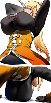 1girl arms_behind_head bakkanki blonde_hair blue_eyes blush bodysuit breasts darkness_(konosuba) exercising hair_ornament hanging_breasts highres huge_breasts kono_subarashii_sekai_ni_shukufuku_wo! large_breasts long_hair ponytail push-ups simple_background transparent_background underboob very_long_hair white_background x_hair_ornament