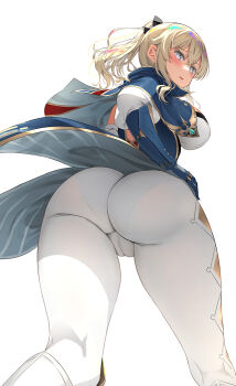 1girl asahina_hikage ass ass_focus blonde_hair blue_eyes blush boots bow breasts cameltoe capelet embarrassed from_behind from_below genshin_impact gloves hair_between_eyes hair_bow hands_on_own_hips highres huge_ass jean_(genshin_impact) large_breasts long_hair looking_at_viewer looking_back looking_down multicolored_capelet open_mouth pants pantylines ponytail sideboob simple_background skin_tight solo tailcoat thighs tight_clothes tight_pants white_background