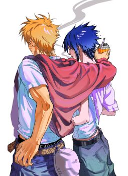 Rule 34 | 2boys, alternate costume, arm around shoulder, baseball cap, black male underwear, blonde hair, blue hair, blue pants, can, cigarette, cow, drinking straw, earrings, facial mark, hand on own hip, hat, hat on back, highres, holding, holding can, hood, hoodie, jewelry, male focus, male underwear, midriff peek, multiple boys, multiple earrings, naruto (series), naruto shippuuden, pants, print belt, red hoodie, shared clothes, shirt, short hair, smoke, smoking, uchiha sasuke, underwear, uzumaki naruto, whisker markings, white background, white hat, white shirt, xxxxg ovo