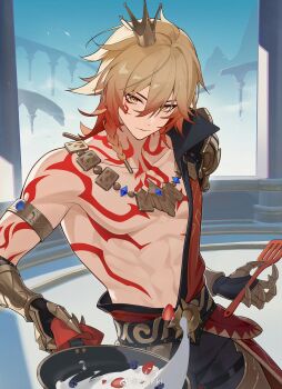 1boy abs arm_tattoo armlet armor black_coat black_pants blonde_hair braid chest_tattoo chinese_commentary clawed_gauntlets coat commentary_request crown eyokiki facial_tattoo frying_pan gold_necklace gradient_hair highres holding holding_frying_pan holding_spatula honkai:_star_rail honkai_(series) jewelry looking_at_viewer male_focus medium_hair mini_crown multicolored_hair mydei_(honkai:_star_rail) necklace open_clothes open_coat pants pauldrons red_hair red_tattoo shoulder_armor side_braid single_pauldron solo spatula tattoo toned toned_male yellow_eyes