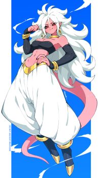 1girl android_21 anklet bare_shoulders black_nails black_sclera blue_background border bracelet breasts cleavage colored_sclera colored_skin dragon_ball dragon_ball_fighterz earrings full_body gold_anklet gold_bracelet gold_ring hand_on_own_hip harem_pants highres hoop_earrings jewelry large_breasts linea_alba long_hair majin_android_21 neck_ring pants pink_skin pink_tail pointy_ears qewie red_eyes simple_background solo strapless sway_back tail tube_top white_border white_hair white_pants
