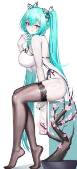 Rule 34 | 1girl, :q, absurdres, aqua hair, bare shoulders, black nails, blue eyes, blush, breasts, butterfly hair ornament, cherry blossoms, commentary, eyelashes, fingernails, full body, grey pantyhose, hair ornament, hatsune miku, highres, large breasts, long hair, nail polish, no shoes, pale skin, pantyhose, shiny skin, sitting, smile, solo, thighs, tongue, tongue out, twintails, very long hair, vocaloid, xmxing