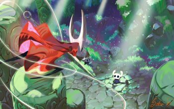 Rule 34 | 1girl, 1other, arthropod girl, black eyes, black skin, boss fight, bush, cloak, colored skin, cracked mask, dated, from behind, frozensoba, full body, grass, grey cloak, holding, holding weapon, hollow eyes, hollow knight, horned mask, hornet (hollow knight), horns, in-universe location, knight (hollow knight), looking at another, looking down, looking up, mask, nail (hollow knight), nature, needle (hollow knight), red cloak, rock, signature, sparkle, standing, weapon, white mask