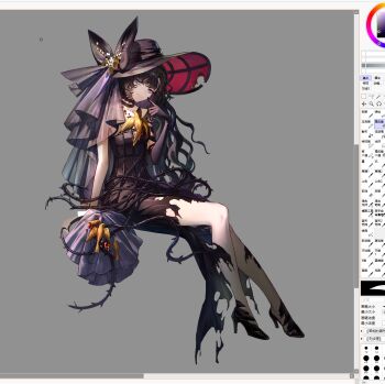 1girl arm_support art_program_in_frame black_bow black_choker black_dress black_gloves black_hair black_hat black_shoes bow choker closed_mouth dress elbow_gloves finger_to_mouth full_body gloves grey_background hand_up hat hat_bow high_heels highres invisible_chair isolde_(reverse:1999) isolde_(the_caged_lamenter)_(reverse:1999) long_dress long_hair looking_at_viewer official_alternate_costume painttool_sai_(medium) purple_eyes qinghong_zaoshu reverse:1999 shoes single_elbow_glove sitting smile solo strapless strapless_dress thorns torn_clothes torn_dress wavy_hair