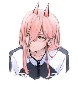 1girl absurdres black_jacket chainsaw_man closed_mouth cross-shaped_pupils hair_between_eyes highres horns jacket long_hair long_hair_between_eyes multicolored_jacket neas57 pink_hair power_(chainsaw_man) red_horns simple_background solo symbol-shaped_pupils track_jacket two-tone_jacket upper_body white_background white_jacket yellow_eyes