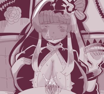 1boy 1girl bad_id bad_pixiv_id breasts chaos_juliet_(grimms_notes) closed_mouth grimms_notes half-closed_eyes hetero huge_breasts looking_at_viewer monochrome odai_0715 paizuri pov smile veil