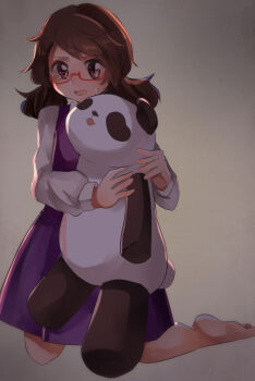 1girl barefoot brown_hair glasses highres hugging_object long_sleeves low_twintails nervous no_headwear purple_skirt purple_vest school_uniform shirt shukinuko skirt solo stuffed_animal stuffed_panda stuffed_toy sweat touhou twintails usami_sumireko vest wavy_mouth white_shirt
