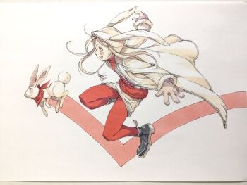 1girl animal animal_ear_hood animal_ears bandana bandana_around_neck black_shoes blonde_hair clothed_animal coat commentary_request drawstring fake_animal_ears from_side full_body highres hood hooded_coat jumping long_hair miniskirt open_clothes open_coat open_mouth original pencil_skirt peter_salt rabbit rabbit_ears red_bandana red_eyes red_shirt red_thighhighs shirt shoes skirt smile solo tassel thighhighs traditional_media turtleneck turtleneck_shirt white_coat white_skirt zipper