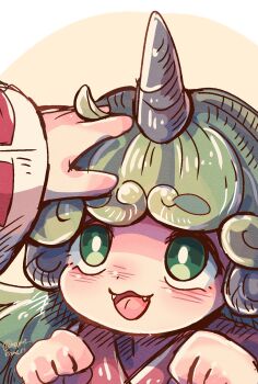 2girls :3 bright_pupils commentary_request eyebrows_hidden_by_hair fangs green_eyes green_hair hakurei_reimu hands_up headpat highres horns komano_aunn long_hair long_sleeves mame_komari multiple_girls one-hour_drawing_challenge open_mouth simple_background single_horn smile solo_focus touhou white_pupils