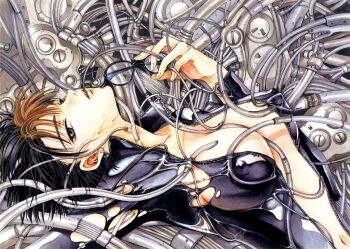 1girl between_breasts black_hair breasts brown_hair cable clamp cleavage covered_erect_nipples female_focus glasses grey_eyes large_breasts lying machine marker_(medium) nipples official_art open_clothes short_hair solo torn_clothes traditional_media tube unzipped veins wire x/1999 x_(manga) yatouji_satsuki