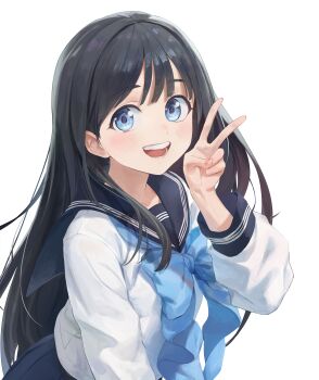 1girl absurdres akebi-chan_no_serafuku akebi_komichi black_hair black_sailor_collar black_skirt blue_bow blue_bowtie blue_eyes blue_neckerchief blush bow bowtie commentary hand_up highres long_hair long_sleeves looking_at_viewer neckerchief open_mouth rang_go roubai_academy_school_uniform_(old) sailor_collar school_uniform serafuku shirt skirt smile solo teeth upper_body v white_shirt