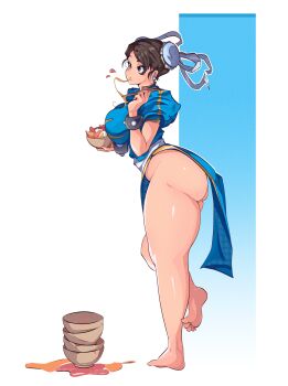 1girl absurdres ass barefoot capcom chun-li eating feet female_focus food highres molutw noodles ramen solo street_fighter