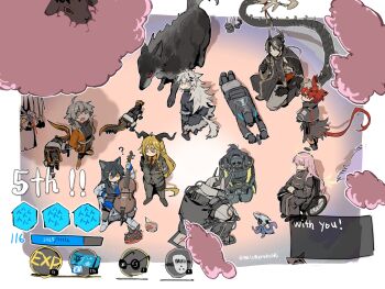 1other 2boys 6+girls ? ahoge animal_ears anniversary arknights arms_behind_back black_coat black_necktie black_vest blonde_hair border bow_(music) cello character_request check_character chongyue_(arknights) coat confused covered_face degenbrecher_(arknights) dragon_boy dragon_horns dragon_tail english_text exercise_wheel face_down fiammetta_(arknights) formal_clothes from_above grey_eyes grey_hair grey_suit grin halo head_wings highres holding holding_bow_(music) holding_instrument hood hood_up hooded_coat horns instrument jacket jessica_(arknights) jessica_(iron_block)_(arknights) lappland_(arknights) lemuen_(arknights) long_hair long_sleeves looking_up mask mayer_(arknights) mudrock_(arknights) multiple_boys multiple_girls mutomorokoshi necktie non-humanoid_robot on_ground orange_eyes orange_jacket originium_slug_(arknights) out_of_frame pink_hair provence_(arknights) red_hair rhodes_island_medic_(arknights) robot robot_animal sarkaz_wither_devourer seaborn_(arknights) seiza sheep short_hair sitting smile squatting standing suit tail texas_(arknights) texas_the_omertosa_(arknights) twitter_username user_interface vest wheelchair white_border wide_shot wings wolf wolf_ears wolf_girl wolf_tail yellow_eyes zaaro_(arknights)