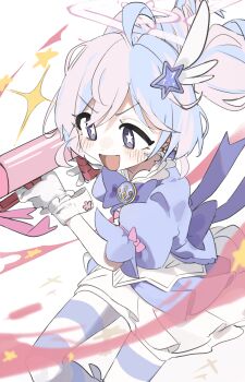 Rule 34 | 1girl, :d, absurdres, ahoge, ainkun, blue archive, blue eyes, blue hair, blush, gloves, gun, hair ornament, halo, highres, holding, holding gun, holding weapon, multicolored hair, official alternate costume, open mouth, pantyhose, pink hair, pink halo, puffy short sleeves, puffy sleeves, reisa (blue archive), reisa (magical) (blue archive), rocket launcher, rpg, rpg-7, rpg (weapon), short sleeves, skirt, smile, star-shaped pupils, star (symbol), star hair ornament, striped clothes, striped pantyhose, symbol-shaped pupils, two-tone hair, weapon, white gloves, white skirt