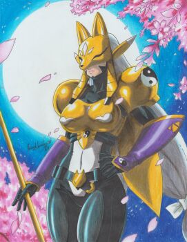 1girl absurdres armor black_bodysuit bodysuit boobplate breastplate breasts cherry_blossoms colored_pencil_(medium) commentary covered_erect_nipples cowboy_shot digimon digimon_(creature) falling_petals fox_mask frown full_moon gold_armor grey_hair hand_on_own_hip highres holding holding_staff large_breasts long_hair low-tied_long_hair mask moon petals pink_lips ravernclouk sakuyamon signature solo staff traditional_media tree very_long_hair yellow_mask yin_yang yin_yang_print