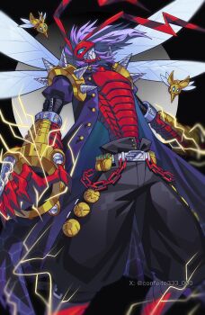 Rule 34 | 1boy, banchostingmon, banchou, black coat, black pants, blue eyes, bug, coat, confeito000 333, cowboy shot, delinquent, digimon, digimon (creature), electricity, gauntlets, highres, long hair, male focus, pants, purple hair, shoulder spikes, solo, spikes, twitter username