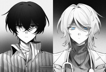 1boy 1girl blue_eyes chinese_commentary coat commentary_request empty_eyes faust_(project_moon) gradient_background highres inori_(qiming404) limbus_company project_moon ribbed_sweater shaded_face shirt short_hair spot_color stethoscope_around_neck striped_clothes striped_shirt sweater upper_body vertical-striped_clothes vertical-striped_shirt yi_sang_(project_moon)