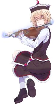 Rule 34 | 1girl, black hat, black shoes, black skirt, black vest, blonde hair, bow (music), closed eyes, commentary request, crescent, crescent hat ornament, crote, frilled hat, frills, full body, hat, hat ornament, highres, holding, holding bow (music), holding instrument, holding violin, instrument, large variant set, long sleeves, lunasa prismriver, music, open mouth, playing instrument, shirt, shoes, short hair, simple background, skirt, skirt set, socks, solo, tachi-e, teeth, touhou, transparent background, upper teeth only, variant set, vest, violin, white shirt, white socks