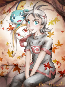 1boy animal_ears artist_name autumn autumn_leaves black_pants blue_eyes dark_skin feet_out_of_frame gen_8_pokemon goh_(pokemon) grey_shirt hands_between_legs highres leaf leaf_background looking_at_viewer nintendo on_shoulder pants pokemon pokemon_(anime) pokemon_(creature) pokemon_journeys pokemon_on_shoulder rabbit_ears raboot shirt short_hair short_sleeves sitting smile sobble